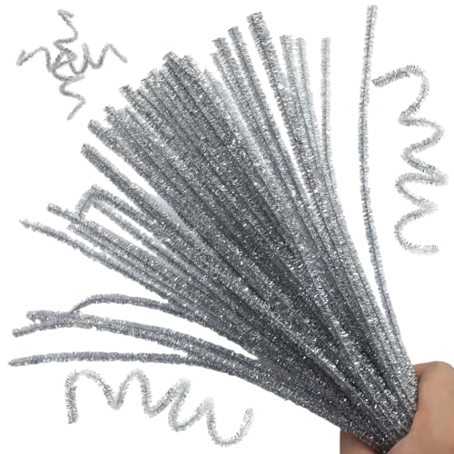 Jiozermi 100 Pcs Silver Pipe Cleaners Craft Silver Chenille Stem Supplies Pipe Cleaners Supplies Fuzzy Craft Sticks for DIY Art Craft Projects Home Decoration