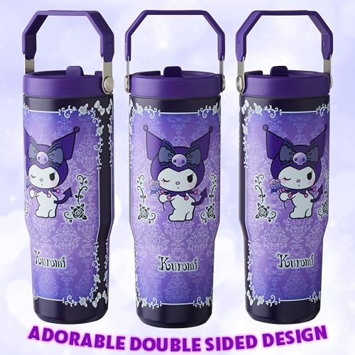 Image of Get Trend Hello Kitty Sanrio Tumbler Stainless Steel with Straw 30oz Girls Teens Insulated Cup with Lids, Kuromi Travel Mug, Kawaii Gifts for Girls (Purple Kuromi)