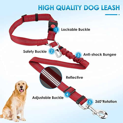 Image of SlowTon Dog Seat Belt for Car, 2 Pack Dog Car Harness Seatbelt with Bungee | 2 in 1 Pet Car Leash Headrest Restraint & Dog Safety Tether Clip, Adjustable with Elastic Buffer, Reflective, Red M /L