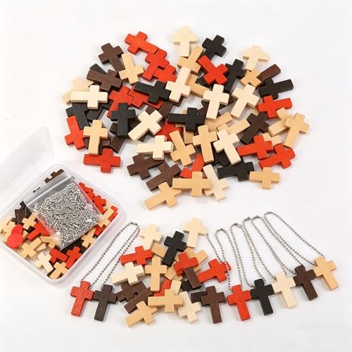 5 Colors Pocket Wooden Cross Pendants with Chains