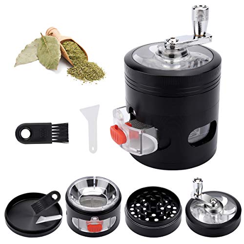 Herb Grinder, Yokilly 4-Piece Black Spice Grinder with Pollen Catcher, Zinc Alloy Manual Grinder with Handle, Clear Top Grinder with Drawer, 2.5 Inches Grinder Hand Cranked