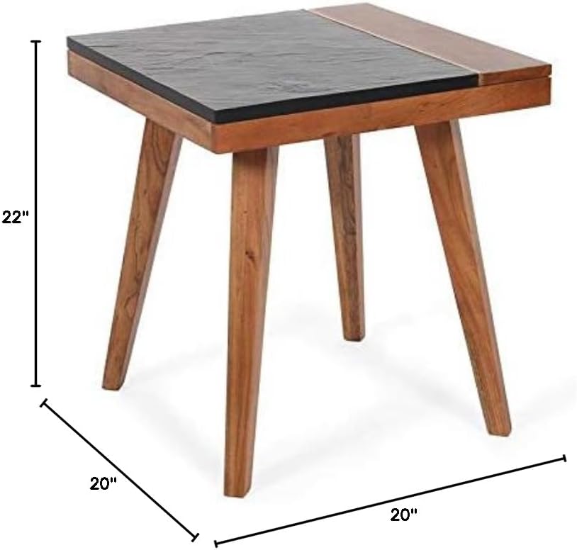BOWERY HILL Square End Table, 22" H x 20" W, Acacia Wood with Slate Veneer and Brass Inlay, Natural Matte Finish, Mid-Century Modern Style, Living Room Accent Furniture