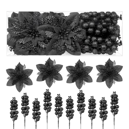 Schwarze Weihnachtsbaumspitze 29 Alupssuc 24 Pcs Weihnachten Glitter Tree Picks,12Pcs Kunstblumen...