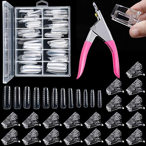 131 Piece Nail Tips Clip and Dual Nail Forms Set, Include 10 Piece Quick Building Nail Clip Extension Nail Clamp, 120 Piece UV Acrylic Clear Nail Molds with False Nail Clipper Cutter Trimmer