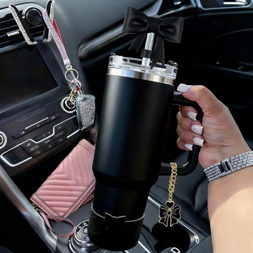 Hpebl 7Pcs Black Cup Accessories for Stanley Cups 40/30oz with Handle Including Bow Silicone Straw Cover Topper Boot Spill-Proof Stopper Set Bow Handle Charm for Stanley Tumbler Accessories — view 5