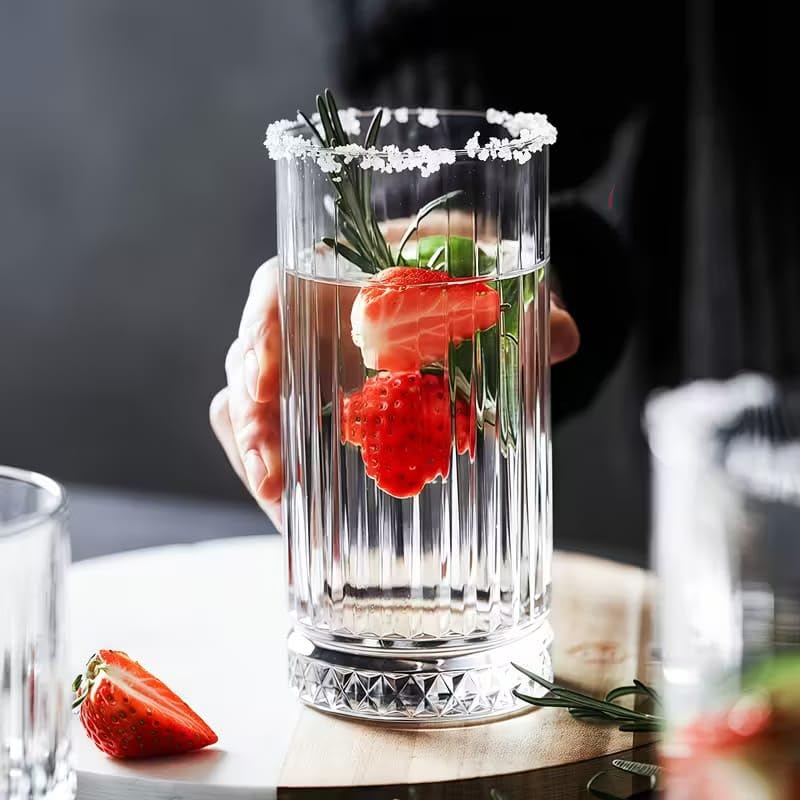 Image of PrimeWorld Set of 6 - 350ml Tall Fluted Highball Glasses with Heavy Diamond Cut Base | Ribbed Drinking Tumblers for Cocktails, Water, Juice, Whiskey & Everyday Beverages