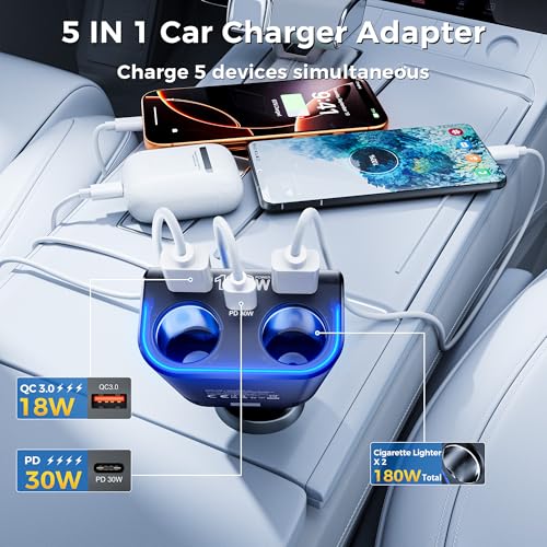 Image of SONRU 180W Cigarette Lighter Splitter,30W PD Dual QC3.0 Car Charger Adapter | 24V /12V Car USB Adapter 2-Socket with Voltmeter Fast Charging for iPhone 17 /16 /15 Car Devices