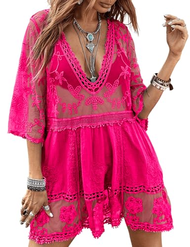 Image of Eomenie Women's Contrast Lace Bathing Suit Cover Up V-Neck Swimsuit Coverups Loose Swimwear Beach Dress Beachwear
