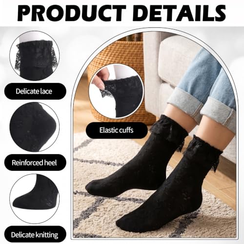 Image of Jspupifip 6 Pairs Lace Ruffle Frilly Crew Socks for Women Girls | Cotton Breathable Cute Princess Ankle Dress Lace Socks Thin Cool Casual Socks