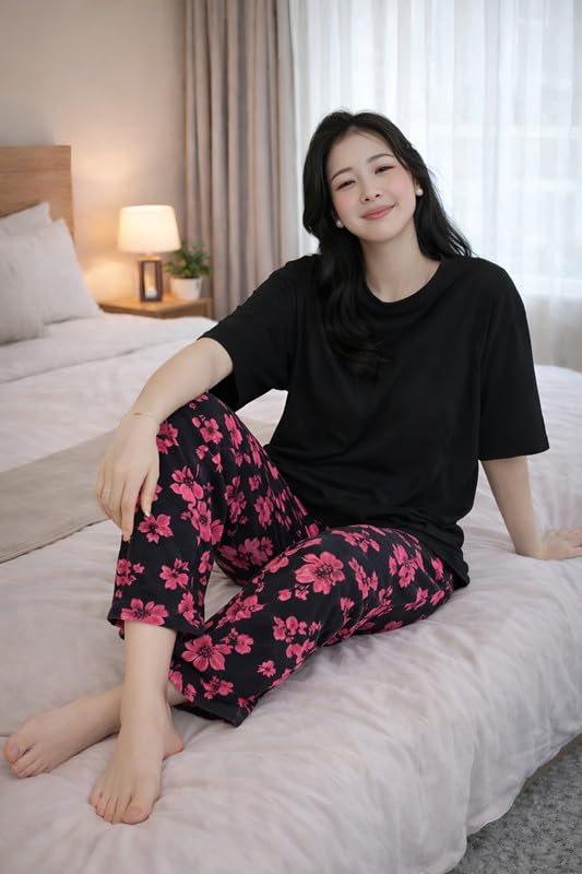 Image of KSHS Printed Round Neck Short Sleeve Nightsuit Set | Pajama Set | Casual Night Dress for Women