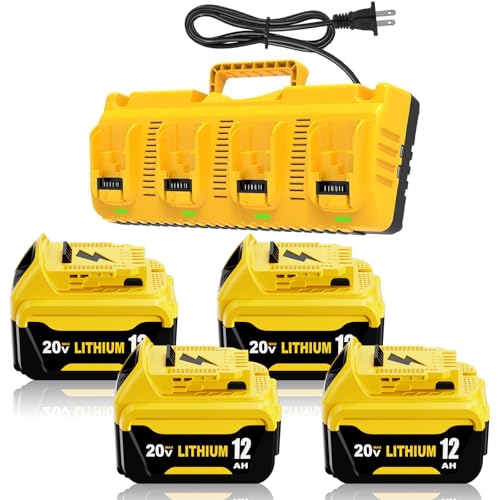 4 Packs 12000mAh DCB206 Replacement for Dewalt 20V Battery and DCB104 4-Port Charger Compatible with Dewalt 20V Battery Lithium 12.0Ah DCB207 DCB204 DCB200 DCB201 DCB203 Series Power Tool(5Pack）