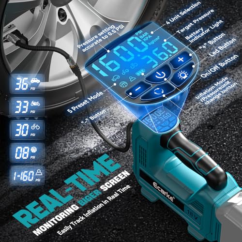 Ecarke Draagbare luchtcompressor voor Makita 18 V batterijen, max. 11 bar, autopomp met digitale manometer, luchtpomp voor auto, motorfiets, fiets, sportballen - zonder batterij - Afbeelding 4