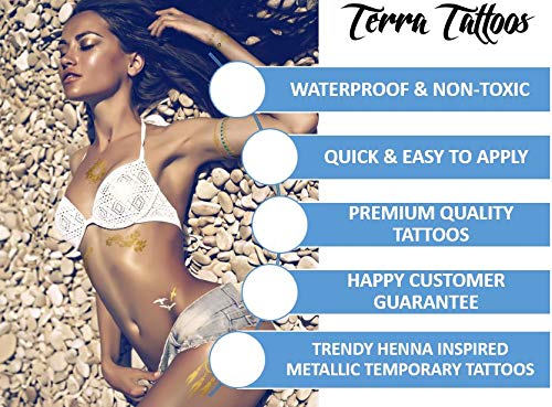 Terra Tattoos Gold Metallic Temporary Tats 75+ Boho Henna Designs Feathers, Tribal, Elephants - Waterproof Nontoxic Long Lasting Perfect for Beach, Festivals, & more!