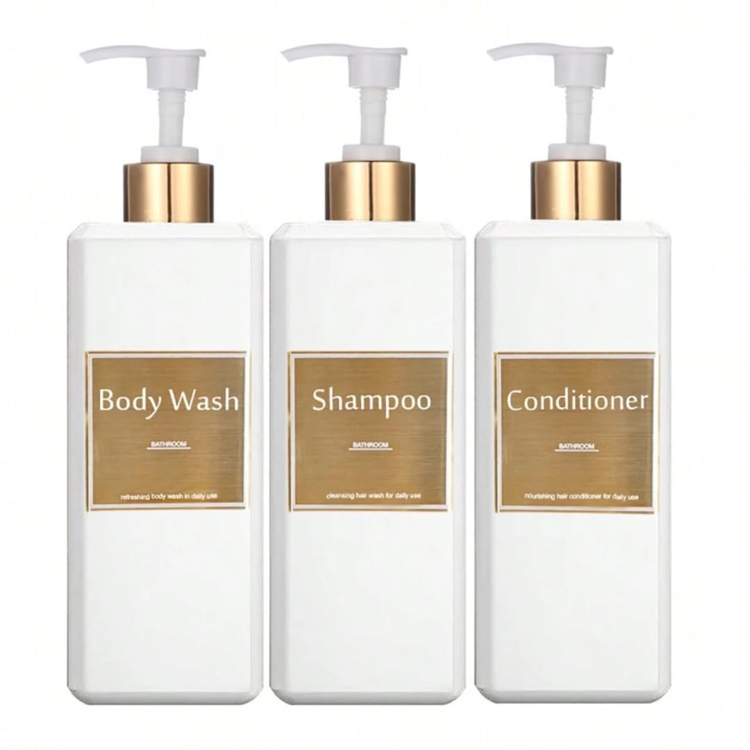 Dispensador Jabon Baño | Set de 3 Botes para Gel Champu y Acondicionador 500ML con Detalles Dorados | Este Dosificador Jabon Baño Blanco y Dorado es Elegante y Realzará el Estilo de tu hogar