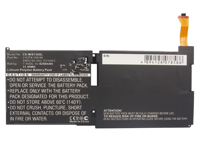 Batterie de rechange pour Microsoft 9HR-00005, Surface, Surface Pro 2, Surface RT PN : Microsoft 21CP4/106/96, MS991109-ZZP12G01, P21GK3, X865745-002 4250 mAh...