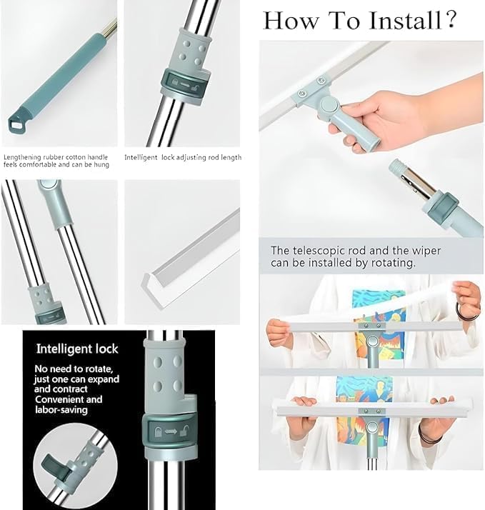 Image of Bathroom Cleaning Brush with Wiper - Long Handle 180 Rotate Toilet Brush, Tiles Cleaning, Floor Scrub for Kitchen and Bathroom Accessories, Sky Blue Squeezee