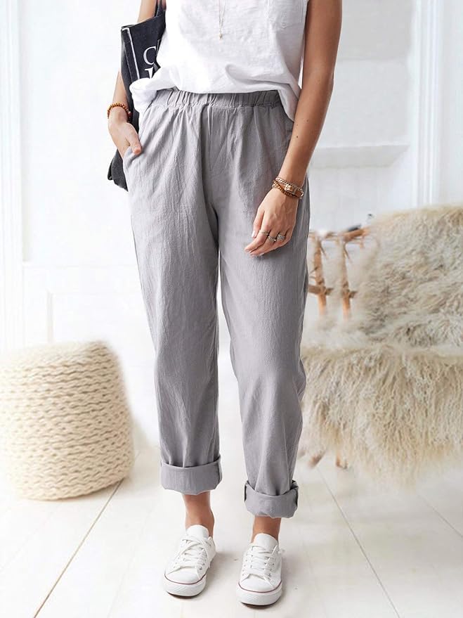 Women's Summer Straight Pants Loose Elastic Waist Casual Trousers Pants with Pockets4