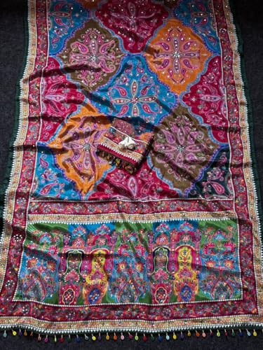 Image of Ajrakh Sarees for Women | Roman Silk Ajrakh Print Saree for Woman with Real Mirror Work Border & Designer Pallu with Blouse Piece Multicolor Ethnic Wear (Orange Color)