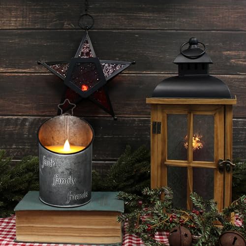 Image of CVHOMEDECO. Vintage Galvanized Can Flameless LED Candle, Real Wax in Antique Galvanized Jar FFF Flickering Candle with Remote Control for Tabletop Wall Decor. H 8 Inch, Gray