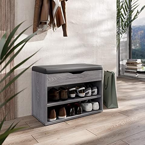 RICOO Schuhbank mit Sitzfläche & Stauraum Aufklappbar 60x42x30cm Eiche Grau Pressholz Cover