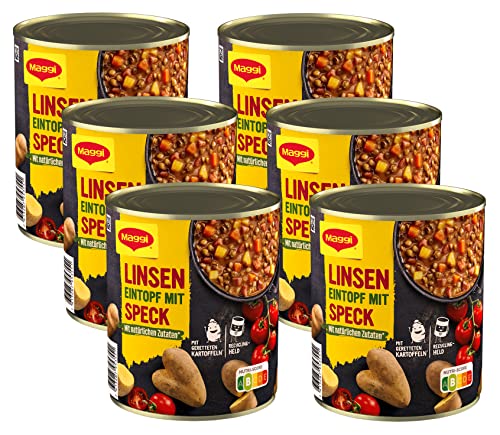 MAGGI Linsen Eintopf mit Speck, Fertiggericht für Topf & Mikrowelle, 6er Pack (6 x 800g)