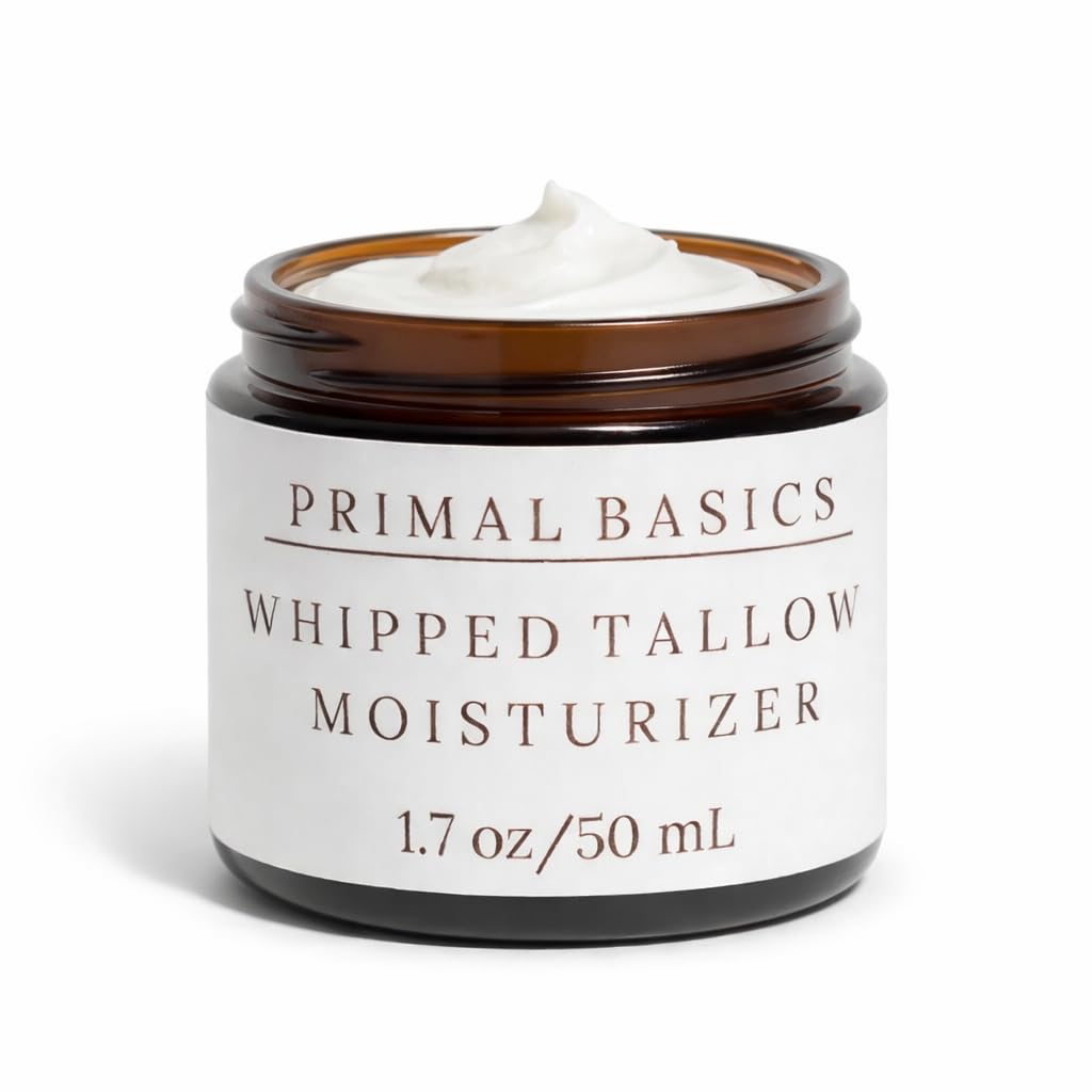 Primal Basics 100% Grass Fed Grass Finished Whipped Beef Tallow Moisturizer/Body Balm for Face, Body, Oily, Dry, Sensitive Skin -Contains Vitamins A, D, E, K -USA Made (1.7 oz, Vanilla)