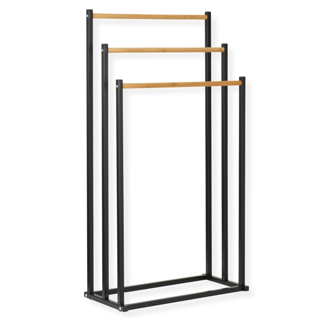 Envenzo Portable Iron & Bamboo Towel Rack with 3 Bars – Powder Coated White or Black, 450x230x850mm (Black)