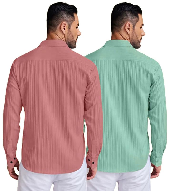 Image of DEELMO Combo of Men's Casual Button Down Shirts Long Sleeve Linen Shirt Fashion Textured Summer Shirts Pack of 2
