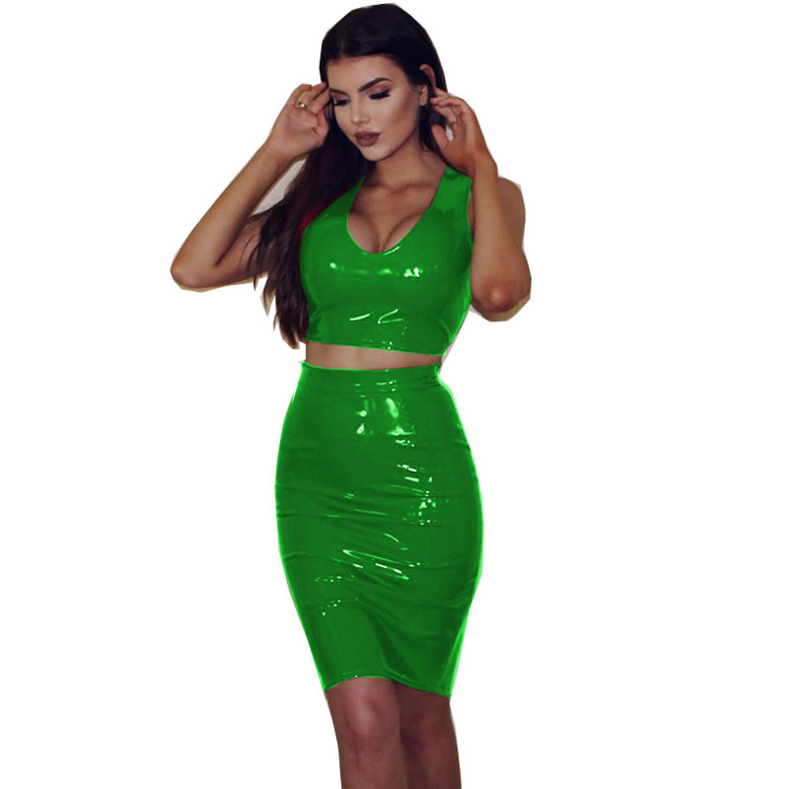 QJZM Faux Leather Two Piece Summe Top sin Mangas Falda Traje Slim Crop Tank Tops Cintura elástica Lady Falda Conjuntos Elegante