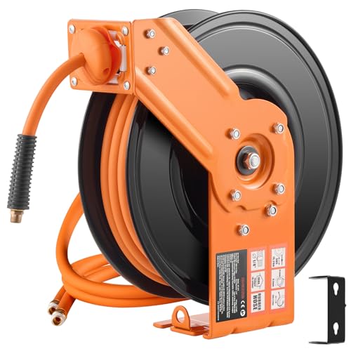 Happybuy Retractable Air Hose Reel, Air Compressor Hose Reel Auto-Rewind with 5FT Lead in, 3/8IN x 50FT Rubber Air Hose Max 300PSI,Ceiling/Wall Mount Heavy Duty Single Arm Reel & 180° Swivel Bracket