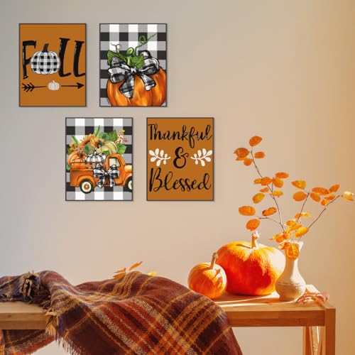 PLKMN-Fall-Wall-Decor-Set-of-4-Fall-Wall-Art-Prints-8×10-Thanksgiving-Buffalo-Check-Pumpkin-Truck-Orange-Decor-Fall-Pictures-Wall-Decor-for-Home-Gallery-Bedroom-Unframed PLKMN Fall Wall Decor Set of 4 Fall Wall Art Prints 8×10 Thanksgiving Buffalo Check Pumpkin Truck Orange Decor Fall Pictures Wall Decor for Home Gallery Bedroom Unframed