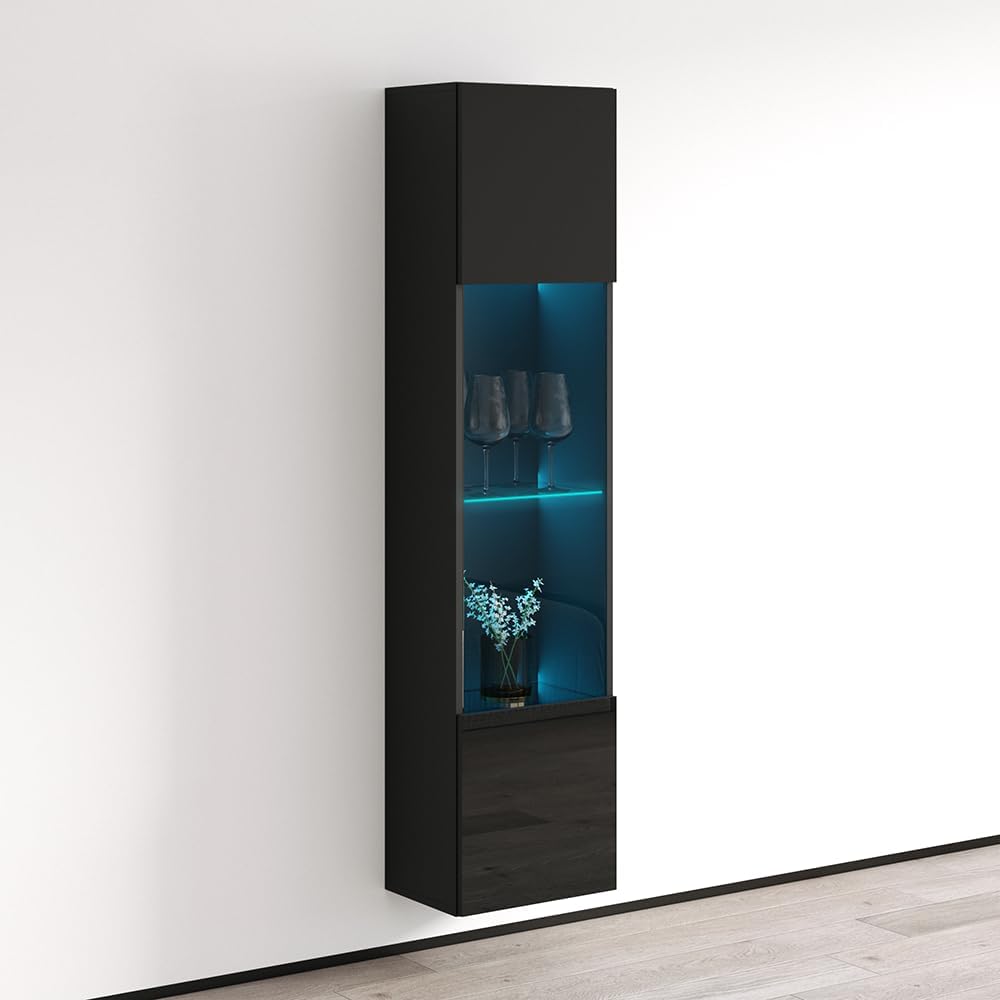 Meble Furniture Booky 42 Modern Wall Mounted Bookcase — LED Light System — High Gloss Finish, 42 x 12 x 72 inches — Black
