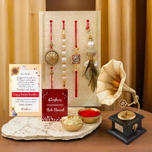 Image of eCraftIndia Rakhi Gift for Brother | Golden & White Beads Pearl Diamond Designer Bhaiya Bhabhi Rakhi Set