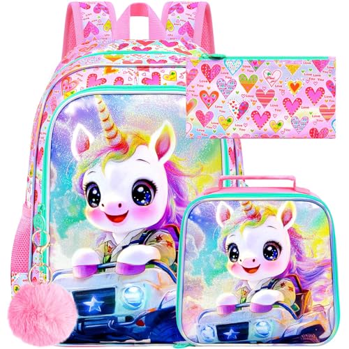 Image of HPJGD 3PCS Girls Unicorn Backpack Set, Kids Off-Roading Bookbag Set for Girls with Lunch Box, Cute Water Resistant Elementary School Bag for Preschool Toddler - Pink Unicorn Off-Roading