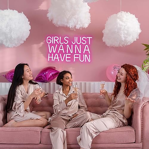 Image of Girls Just Wanna Have Fun Neon Sign for Wall Decor, Retro Style Pink LED Neon Signs, Wedding Party Girl Neon Light Sign,USB Powered for Teen Bedroom Aesthetic Wedding Party Christmas Birthday