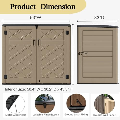 Image of ZZM Large Outdoor Storage Shed, 48 Cu Ft Resin Versatile Storage Cabinet for Patio Accessories, Trash Cans & Garden Tools, Durable Horizontal Storage Box with Lockable Lid (Coffee)