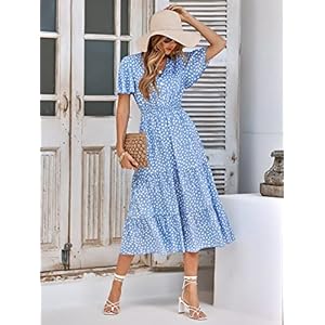IFFEI Summer Midi Boho Dresses Casual V Neck Ruffle Short Sleeve A Line Sun Beach Flowy Dresses - immagine 5