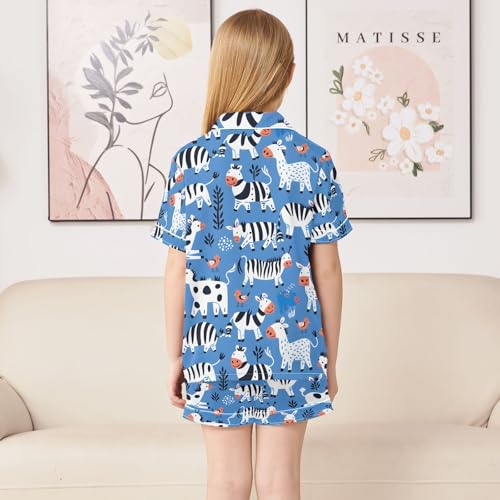 ALAZA Cute Bird Zebra Cow Blue Pajamas Satin Pajama Set Short Sleeve Button Down Sleepwear4