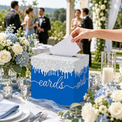 Image of Blue Silver Card Box with Slot for Graduation, Wedding and Birthday Party