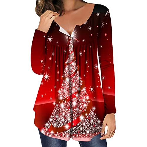 Women's Hide Belly Fat Loose Tops Christmas Style Graphic Long Sleeve Tunic Shirts Teen Girls Fall Button Up Henley Casual Blouses For Leggings #TOP24