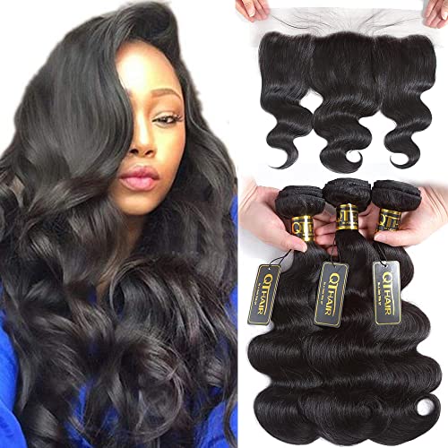 QTHAIR 12A Brazilian Body Wave Bundles with Frontal Closure(14 16 18+12,Natural Black)100% Unprocessed Brazilian Human Hair Bundles with Ear to Ear 13x4 Frontal with Baby Hair Brazilian Hair