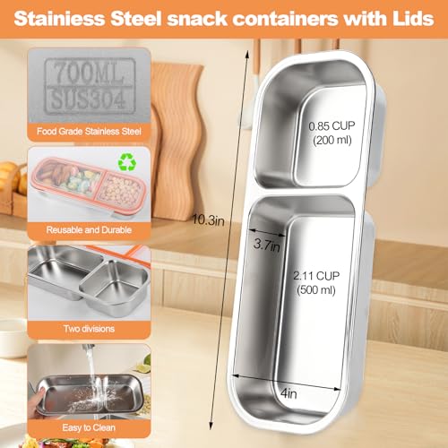 Image of Stainless Steel Snack Containers with Lids, Double Compartment Leakproof Reusable Snack Box for Nuts, Fruits- Divided Grab & Go Container for School, Office, Travel