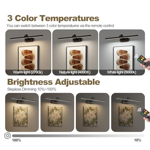 Image of Wireless Picture Lights for Wall,23.5 Inch Black Art Light for Paintings,Battery Operated Picture Lights with Remote Control,Dimmable Rechargeable Art Lamps for Picture Frame,Gallery