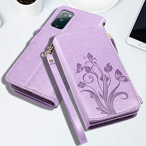 Lacass [Cards Theft Scan Protection 10 Card Slots Holder Zipper Pocket Wallet Case Flip Leather Cover With Wrist Strap Magnetic Closure Stand For Samsung Galaxy S20 Fe 5G (Not For S20)(Purple) #TOP5