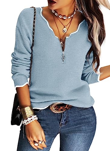 Image of Hongqizo Women's V Neck Long Sleeve Sweater Half Zipper Knit Sweater Casual Cricket Stripe Jumper Pullover Knit Tops