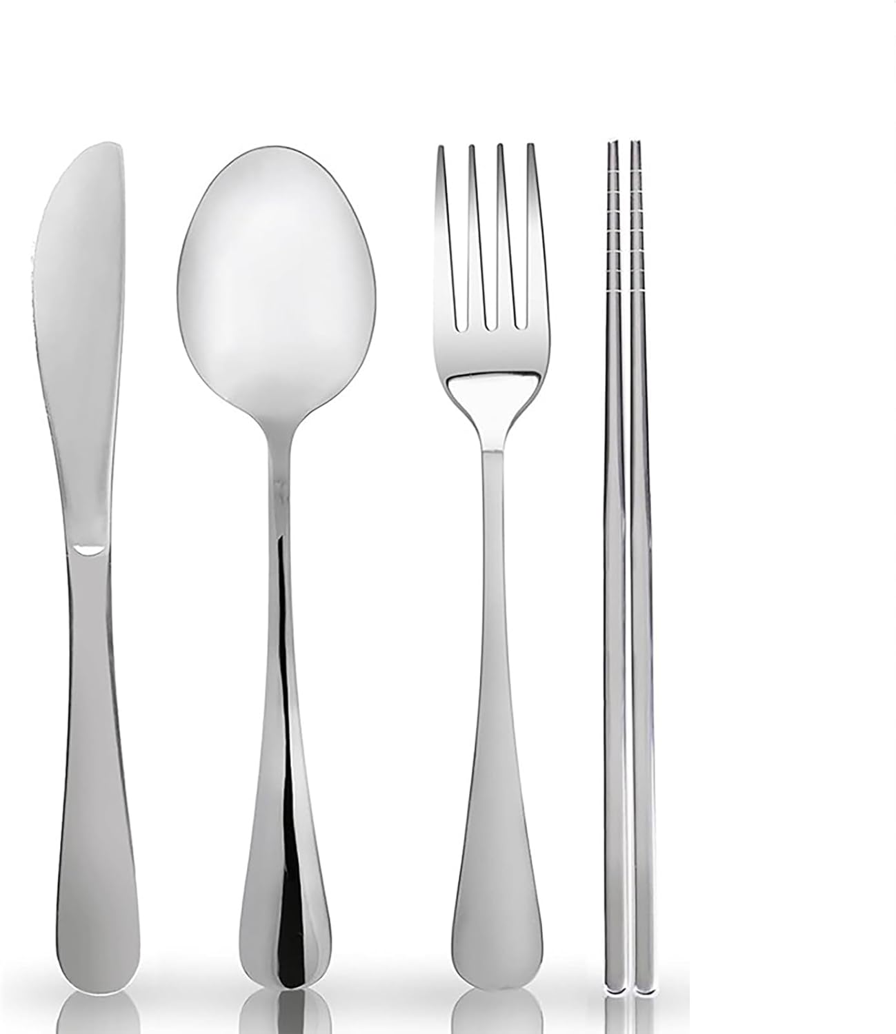 4 Pieces for 1 Persons Chopsticks and Forks Set Silverware Set Kitchen Utensils Set Cutlery Set Flatware Set Dishwasher Safe Mirror Effect for Picnic Camping Barbecue, Silver