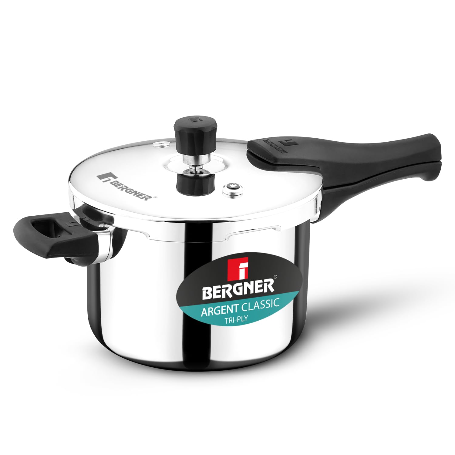 Bergner Argent Classic Triply Stainless Steel 5.5 Liters Outer Lid Pressure Cooker, Triply Cooker with Resettable Safety Valve, Sturdy Handle, Easy to Use and Clean - Induction and Gas Stove Ready