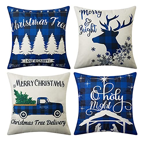Caromiochristmaspillowcovers18x18inchblackandbluefarmhousebuffaloplaidthrowpillowcasesxmastreedeernativitysceneholynightthrowcushioncoversholidaydecorationssetof4  Urban Country Home Decor Caromio christmas pillow covers 18×18 inch black and blue farmhouse buffalo plaid throw pillow cases xmas tree deer nativity scene holy night throw cushion covers holiday decorations set of 4  urban country home decor