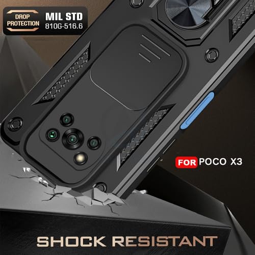 Image of AESTMO Tough Armor Case for Poco X3 / X3 Pro / X3 NFC | Black, Polycarbonate, Rugged /Tough, Ring Holder, Sliding Camera Shield, in-Built Stand, Magnetic Car Holder Compatibility