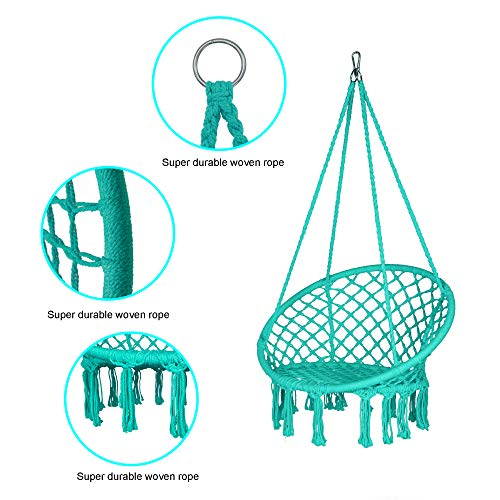 LAZZO Round Hammock Chair with Hanging kit, Hanging Knitted Mesh Cotton Rope Macrame Swing, 260 Pounds Capacity, 23.6" Seat Width,for Bedroom, Outdoors, Garden, Patio, Yard. Child, Girl, Adult (Blue)